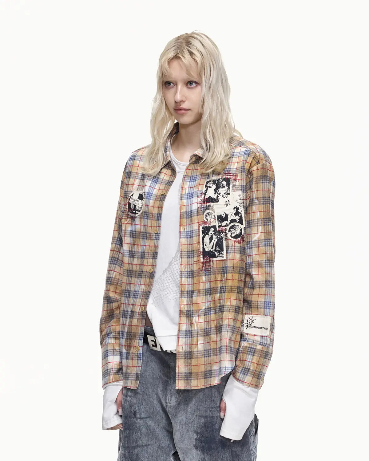 EMO Grunge Patchwork Stain Plaid Shirt