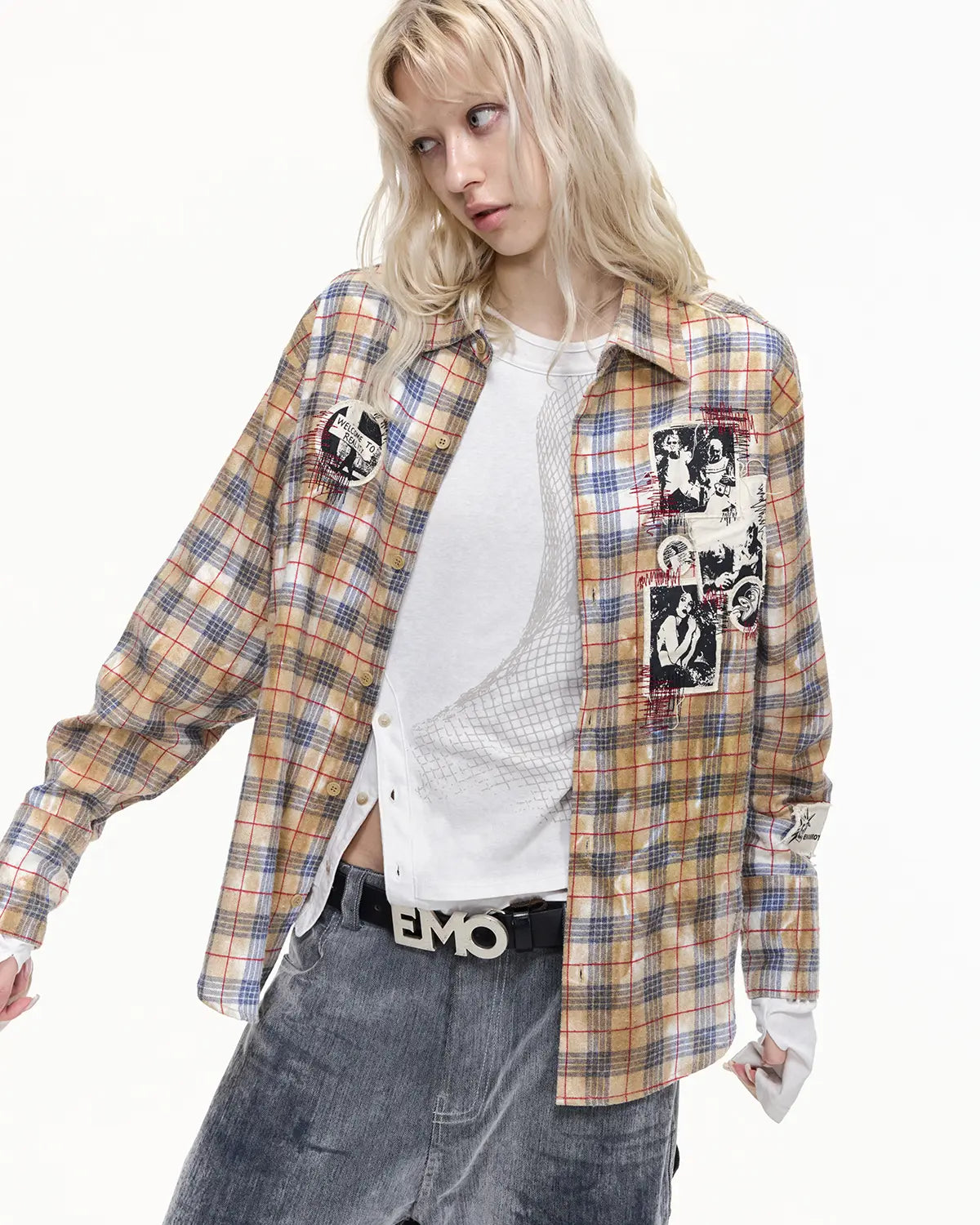 EMO Grunge Patchwork Stain Plaid Shirt