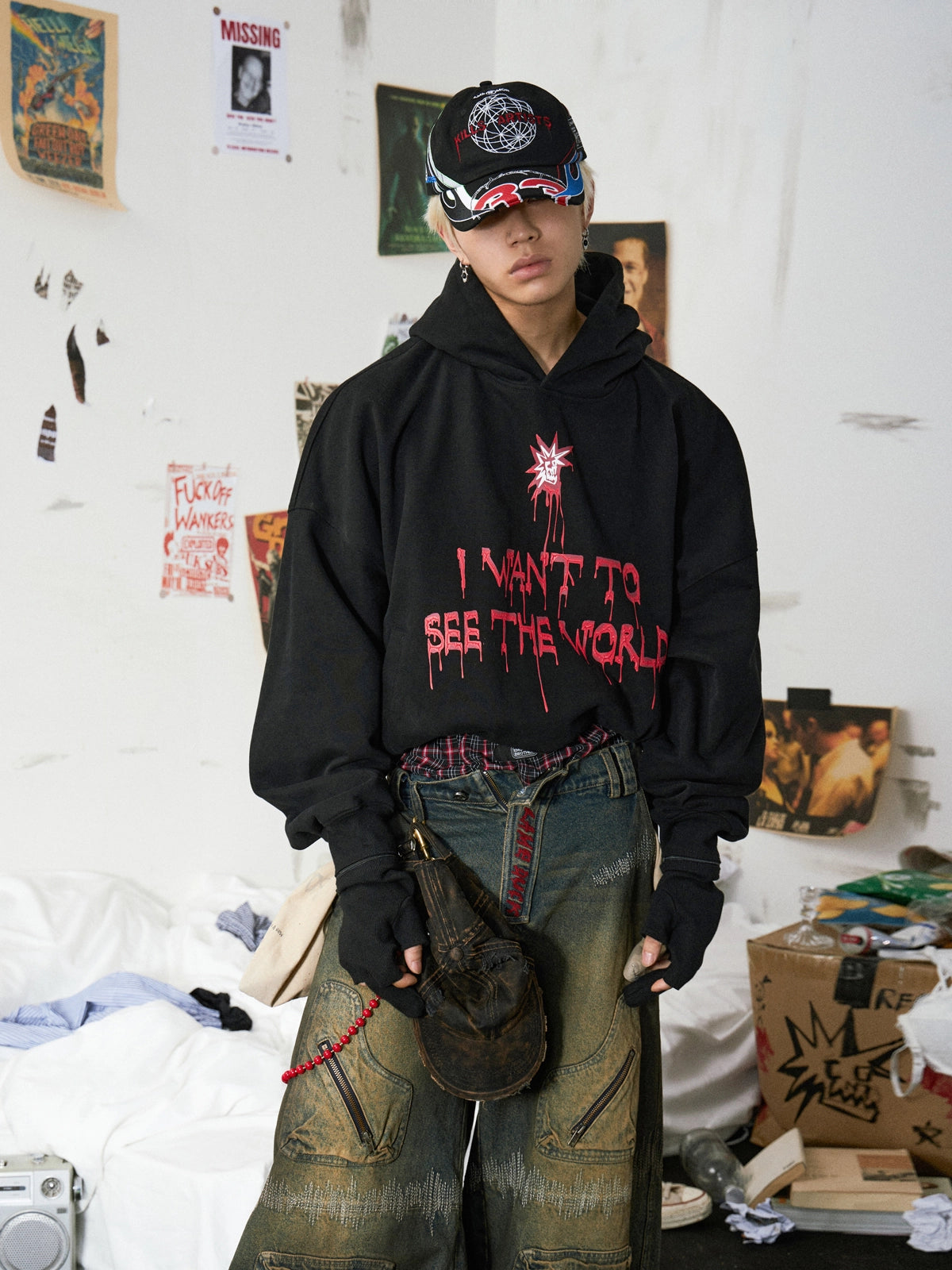 Punk Black Hoodie With Detachable Gloves