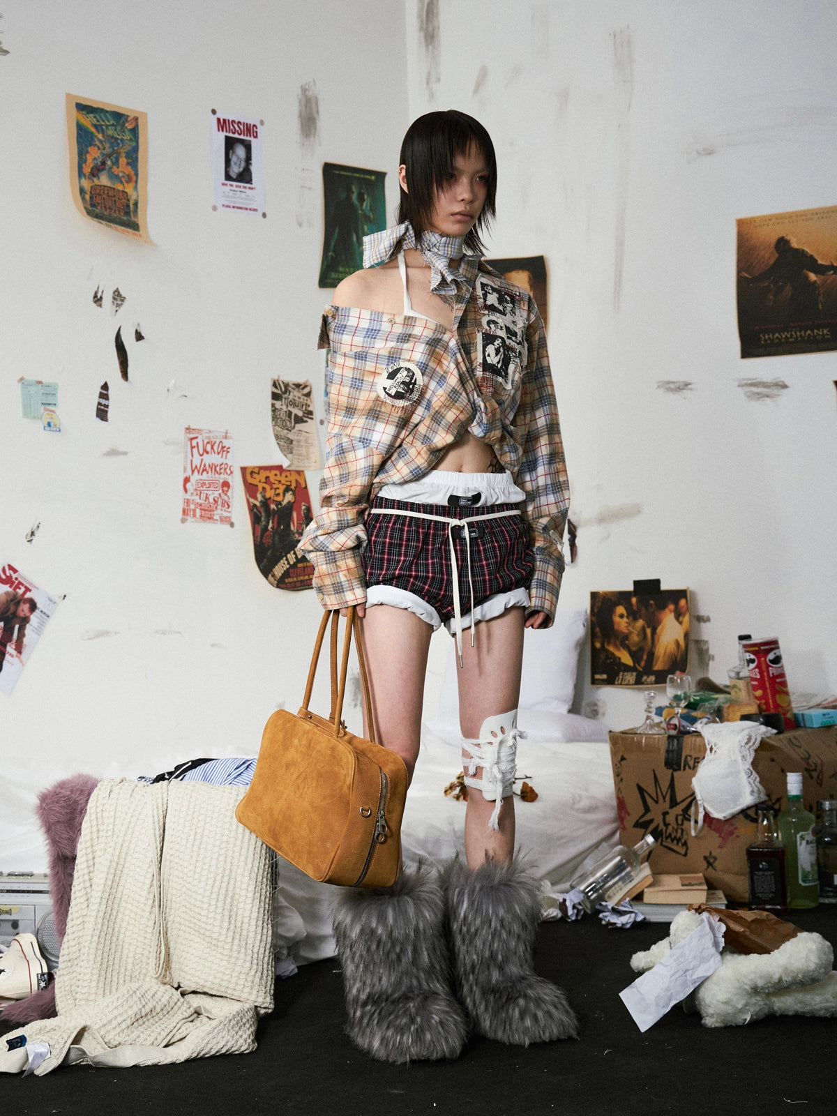 Grunge Patchwork Stain Plaid Shirt