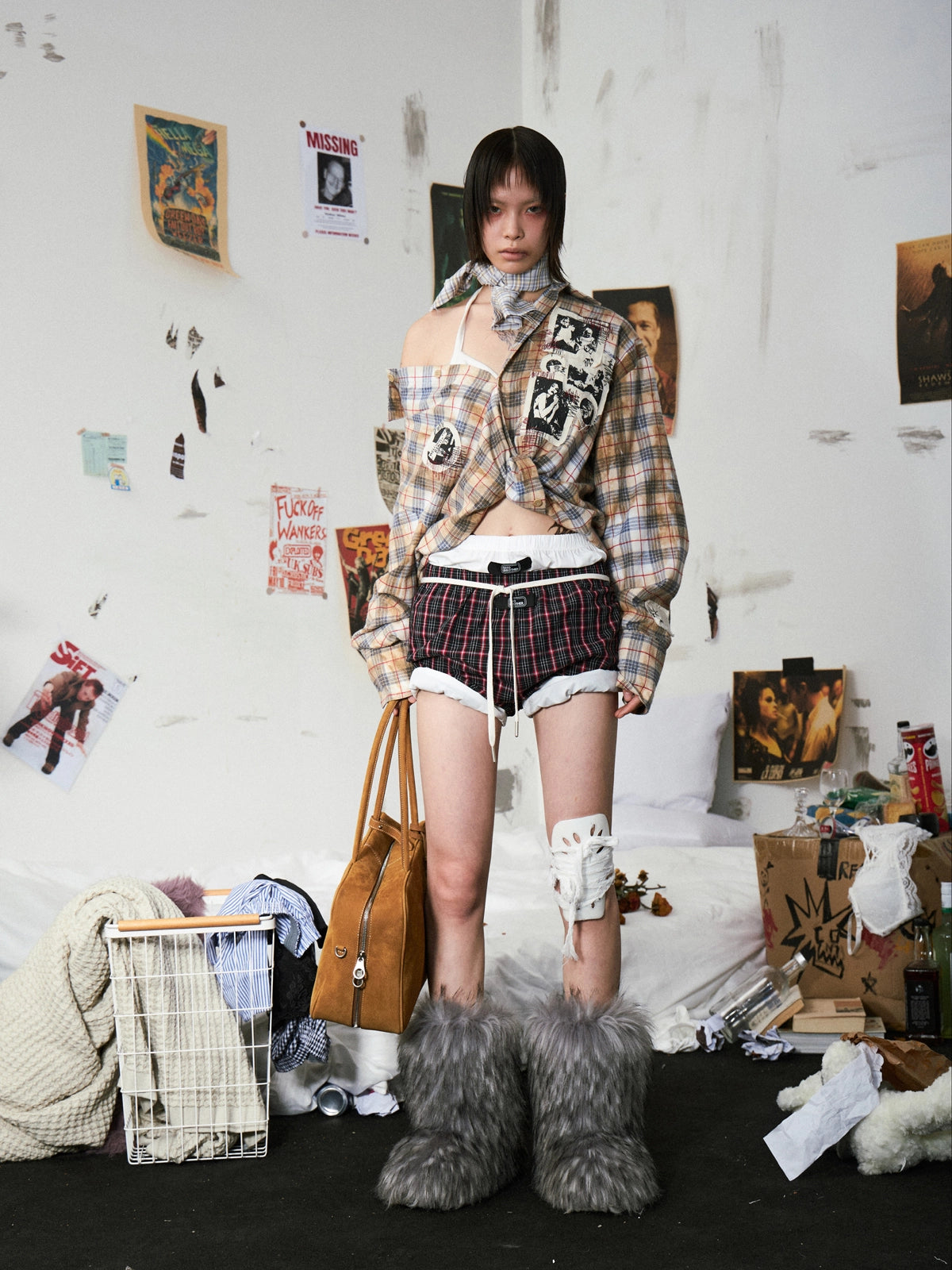 Grunge Patchwork Stain Plaid Shirt