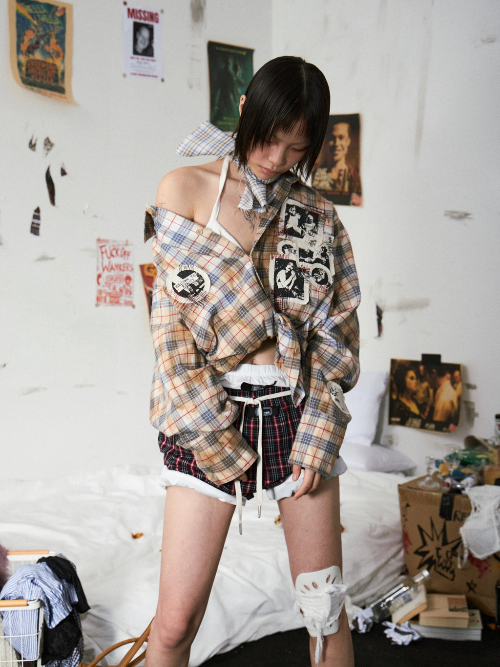 Grunge Patchwork Stain Plaid Shirt