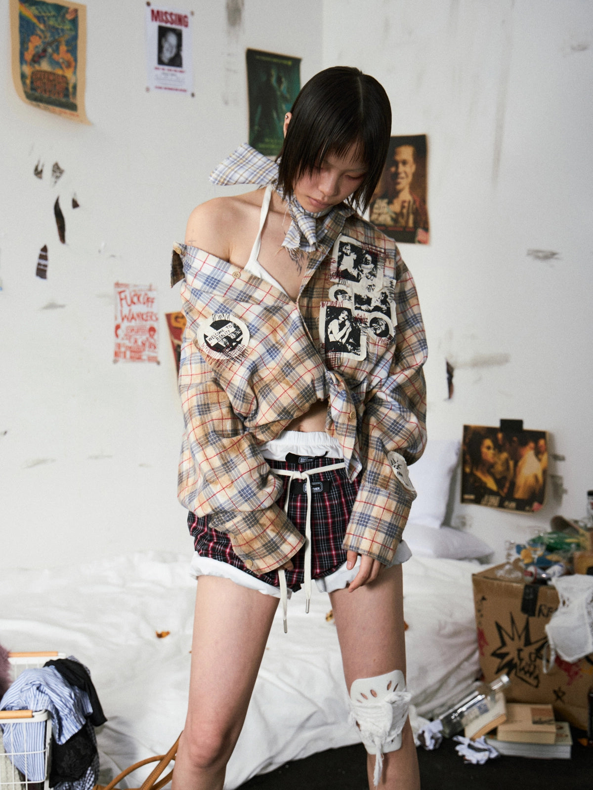 Grunge Patchwork Stain Plaid Shirt