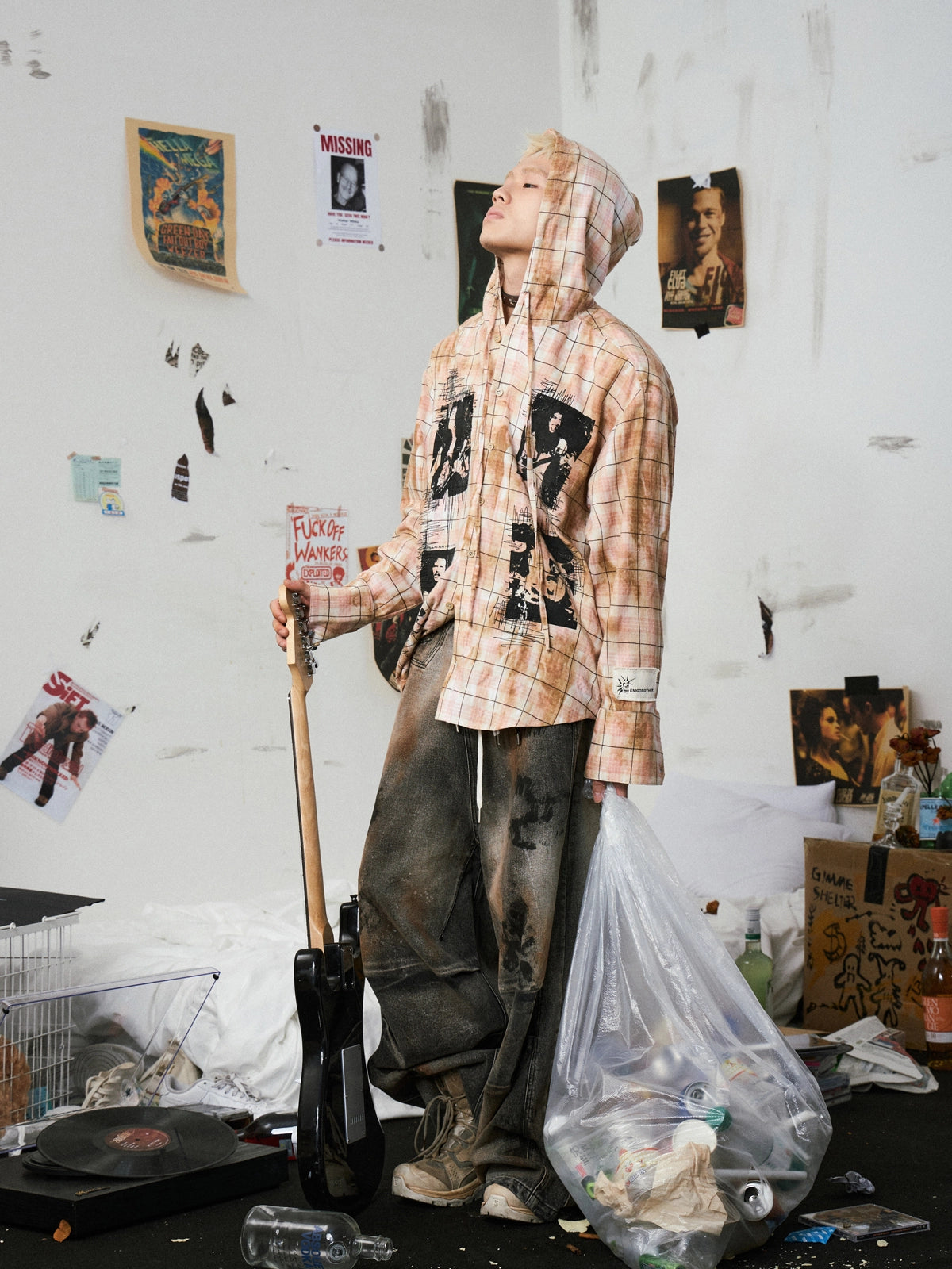 Stain Plaid Hooded Shirt