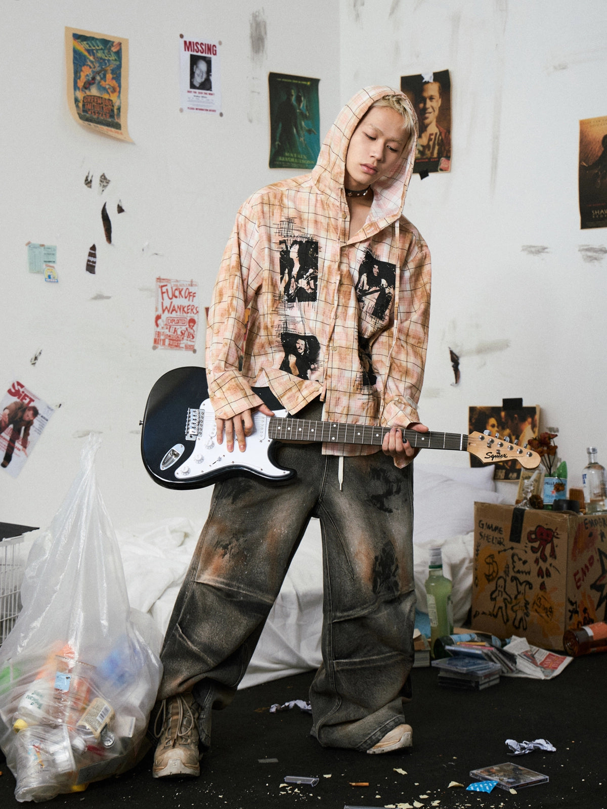 Stain Plaid Hooded Shirt