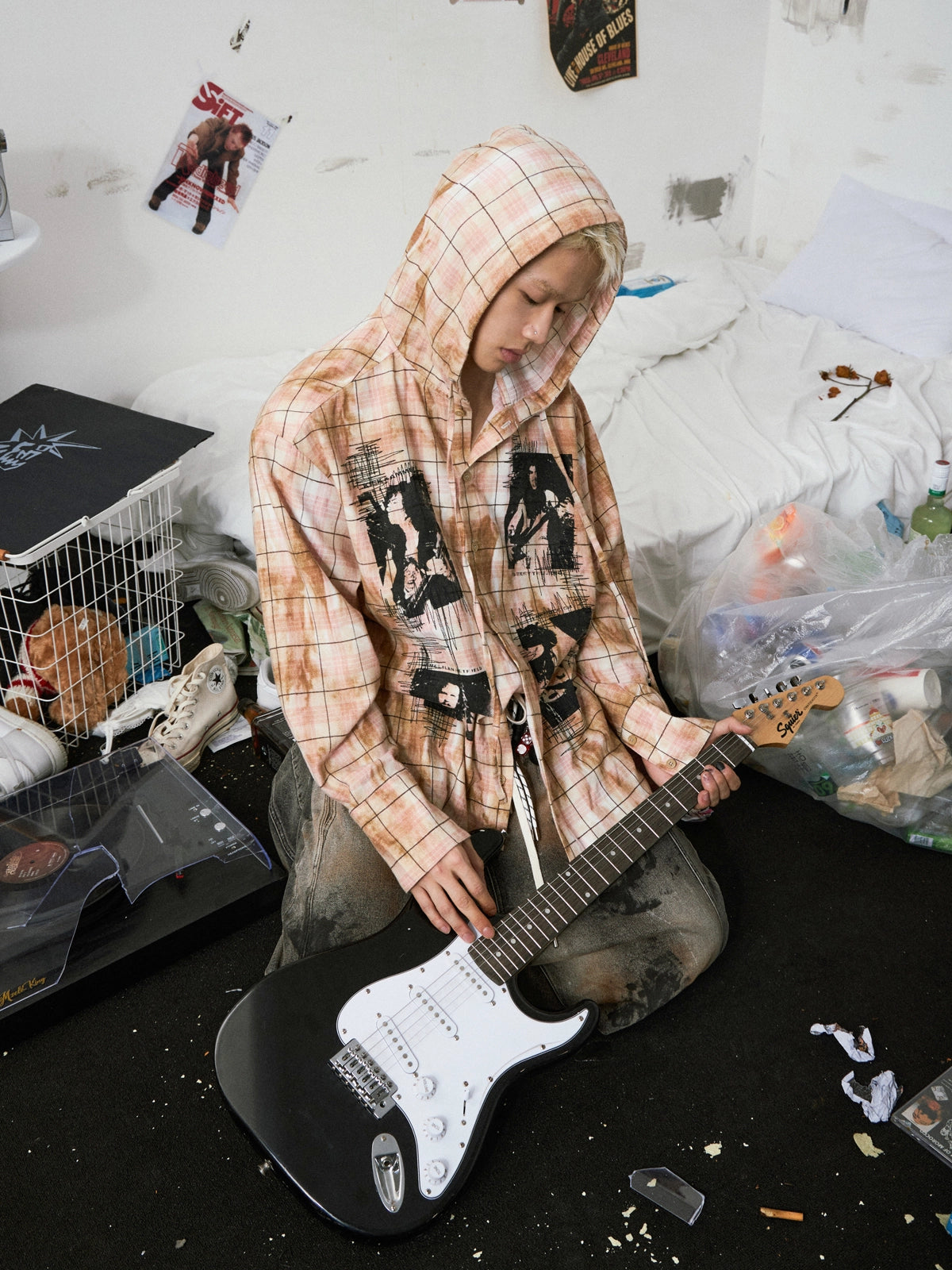 Stain Plaid Hooded Shirt
