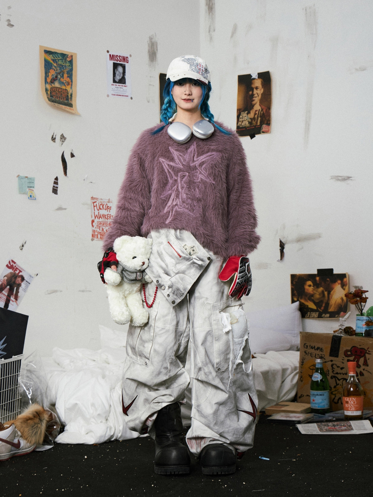 Fluffy Embroidered Hooded Knit Sweater