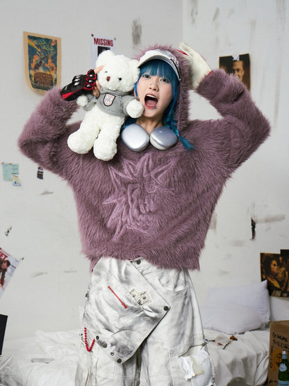 Fluffy Embroidered Hooded Knit Sweater