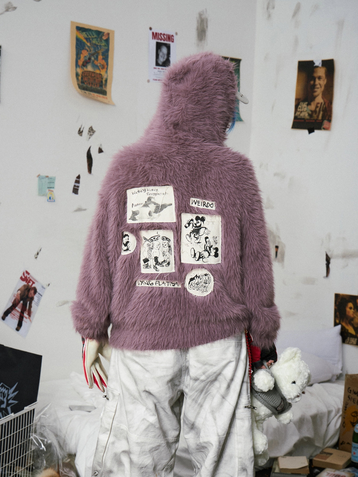 Fluffy Embroidered Hooded Knit Sweater