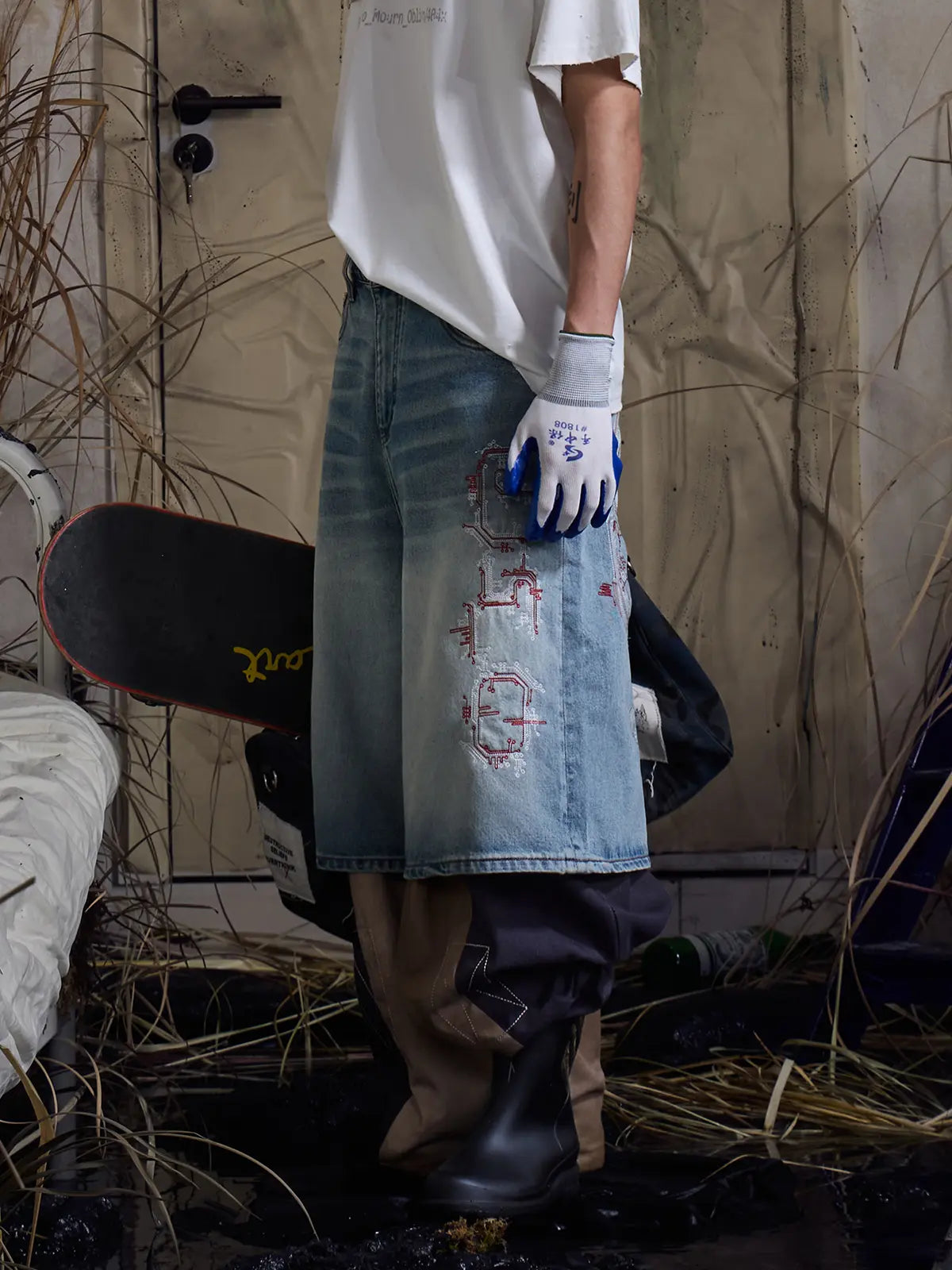 model wearing Wide Leg Denim Jorts slide blue