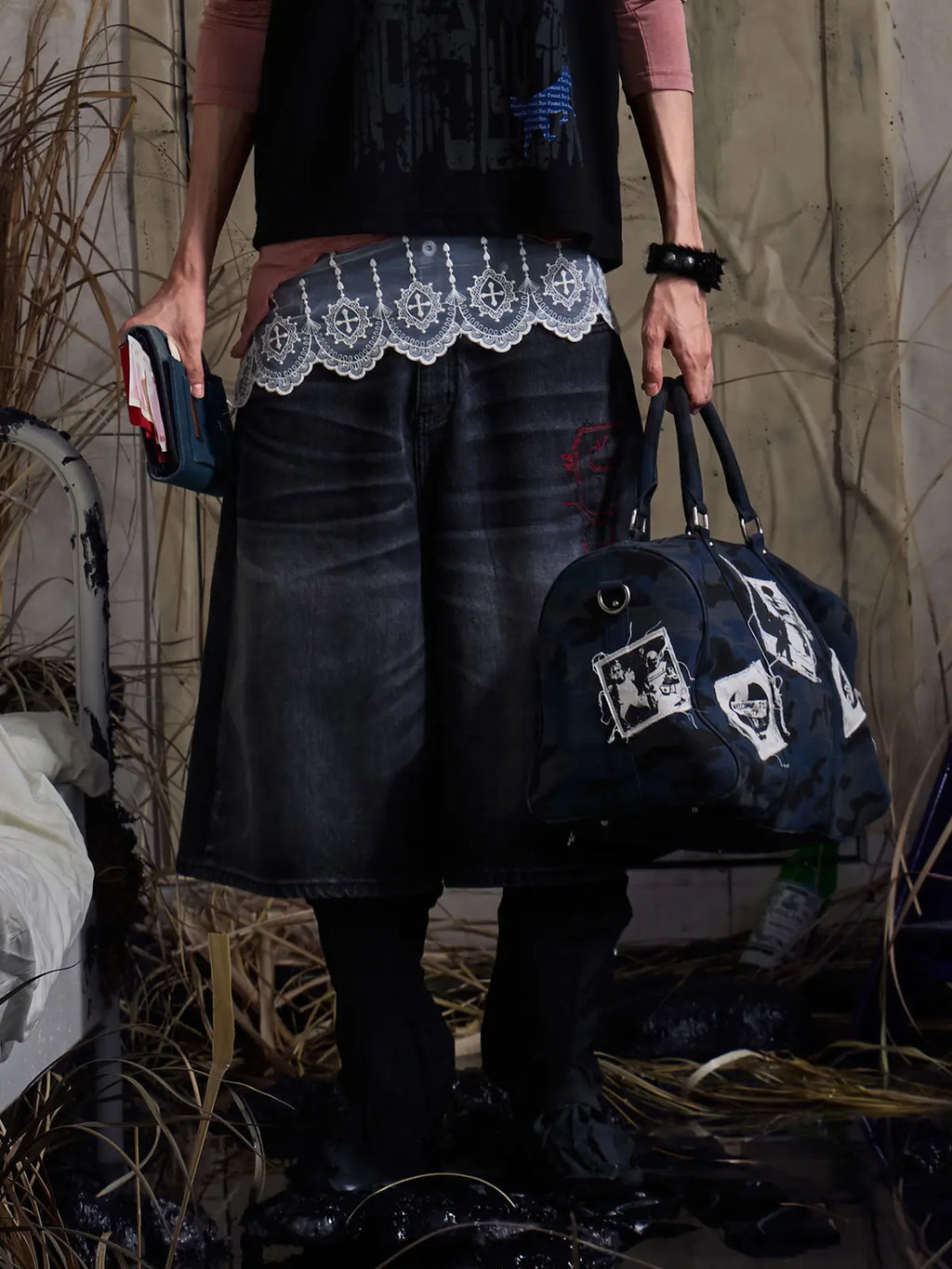 model wearing Wide Leg Denim Jorts black