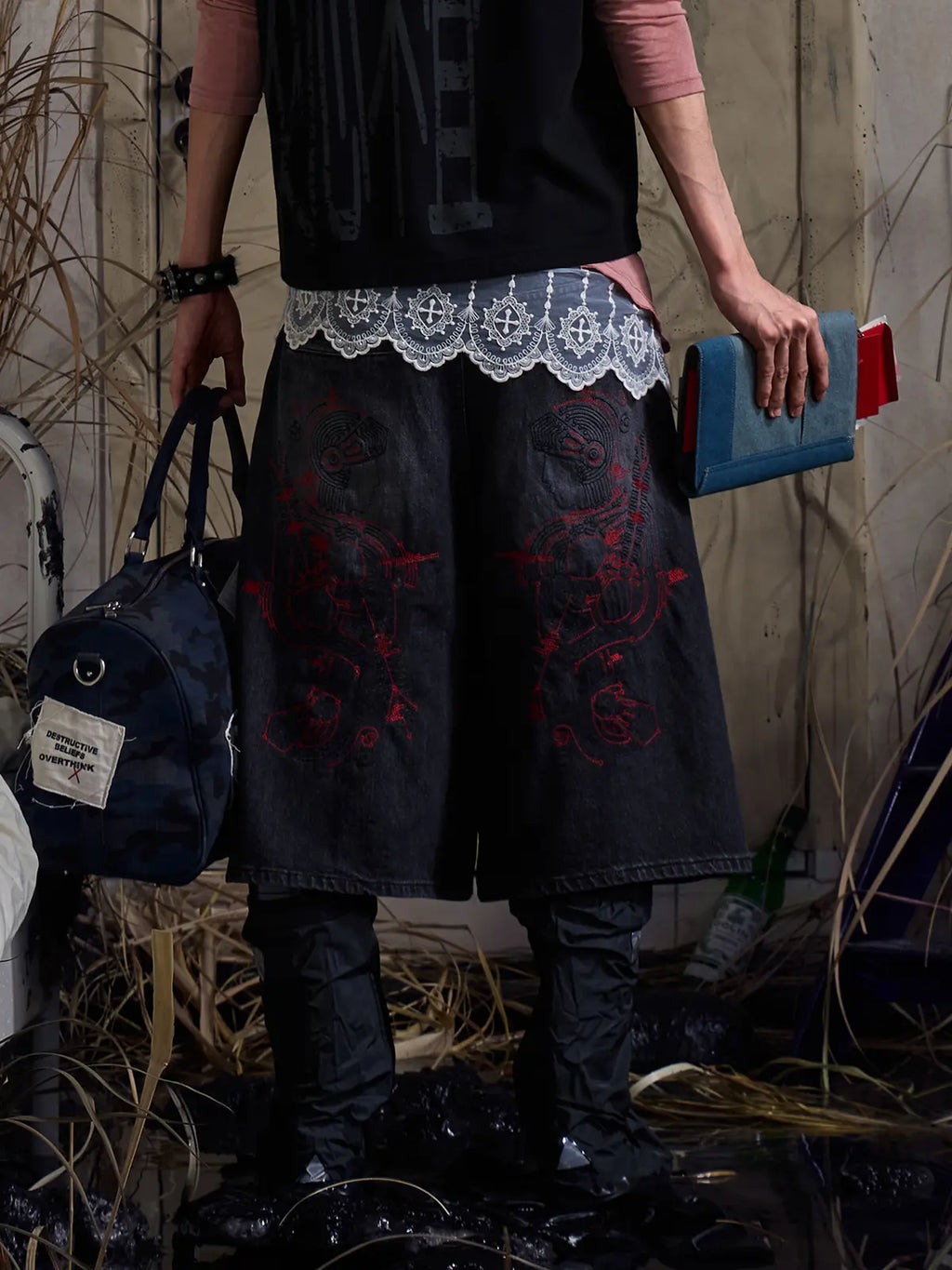 model wearing Wide Leg Denim Jorts back black
