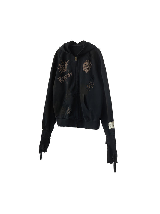 Punk Ripped Zip-Up Hoodie
