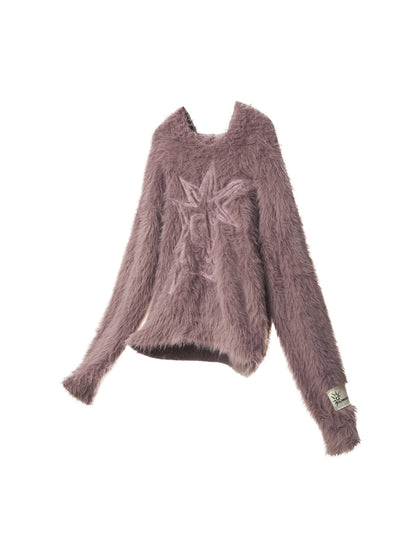 Fluffy Embroidered Hooded Knit Sweater