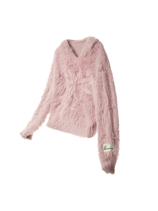 Fluffy Embroidered Hooded Knit Sweater