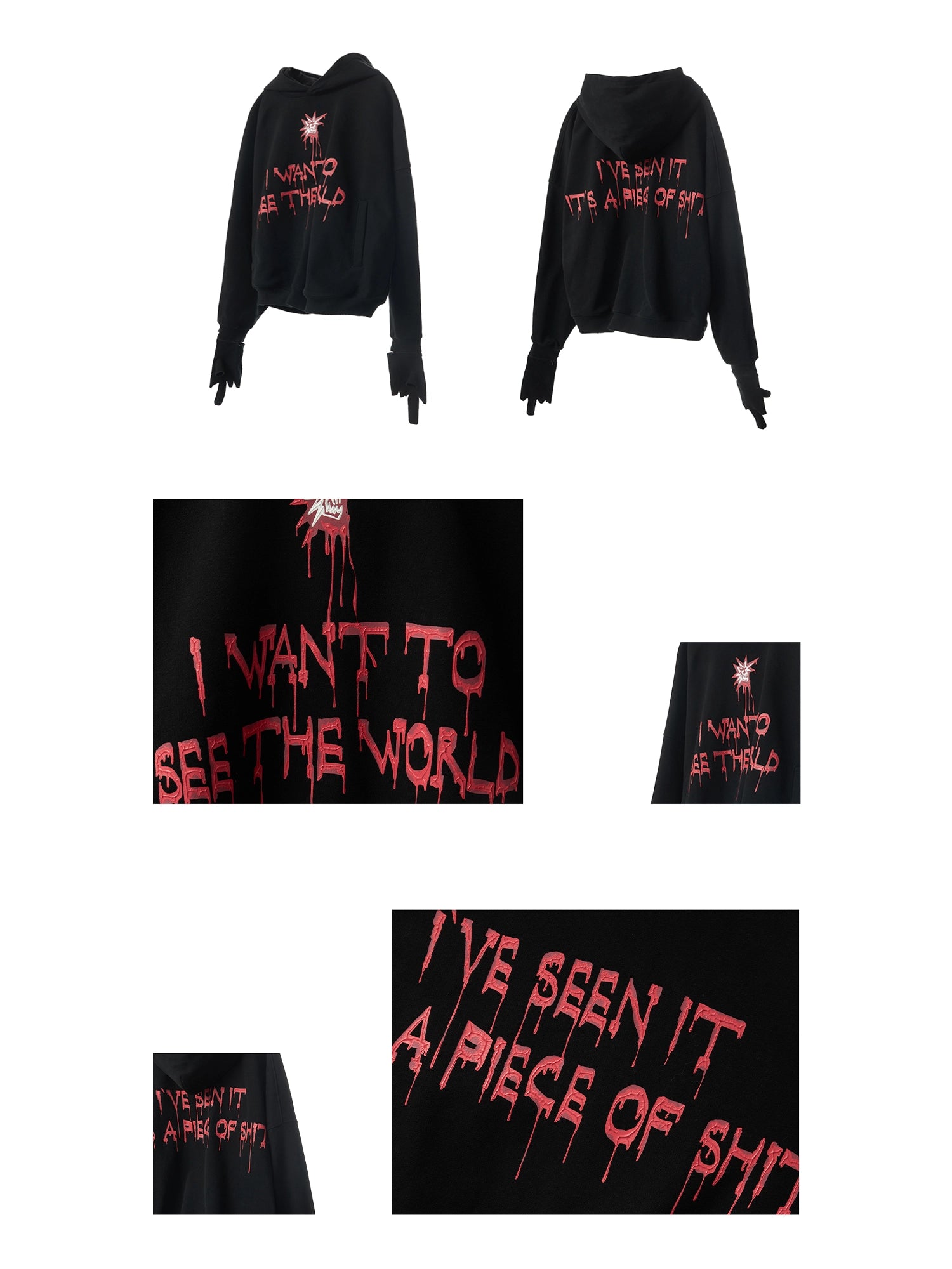 Punk Black Hoodie With Detachable Gloves